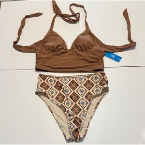 Cupshe Brown Bikini Top and Patterned High-Waist Bottom size medium